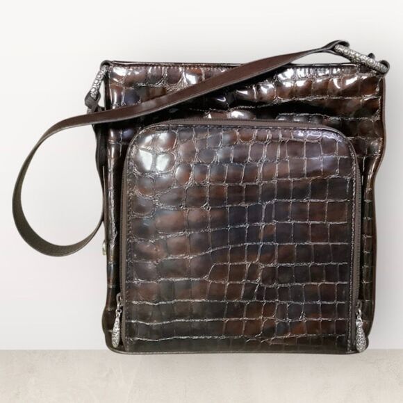 Brighton Sonny Moc Croc Patent Leather Organizer Wallet Shoulder Bag in Brown - Picture 1 of 10